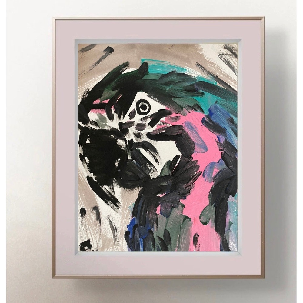 Original Abstract Expressionism 9x12 Parrot Painting Colorful Modern Bird Art